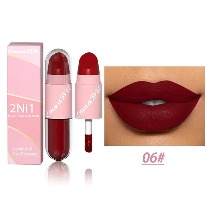18 Colors 2 in 1 Matte Lipstick Liquid Purple Lip Glaze Double Head Lip Makeup Lasting Waterproof Velvet Sexy Dark Red Lipsticks-17