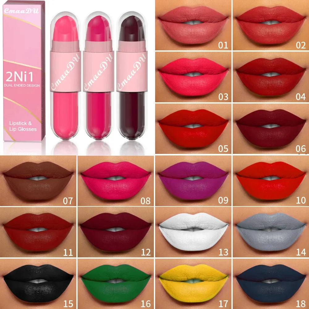 18 Colors 2 in 1 Matte Lipstick Liquid Purple Lip Glaze Double Head Lip Makeup Lasting Waterproof Velvet Sexy Dark Red Lipsticks-2