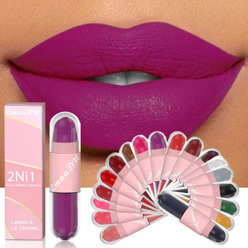 18 Colors 2 in 1 Matte Lipstick Liquid Purple Lip Glaze Double Head Lip Makeup Lasting Waterproof Velvet Sexy Dark Red Lipsticks-0