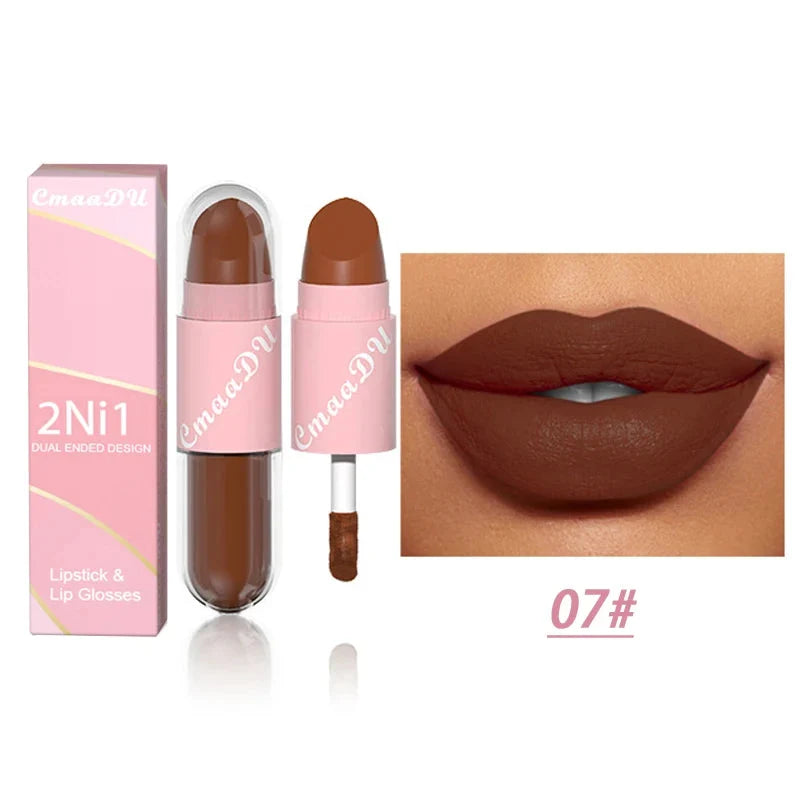 18 Colors 2 in 1 Matte Lipstick Liquid Purple Lip Glaze Double Head Lip Makeup Lasting Waterproof Velvet Sexy Dark Red Lipsticks-16