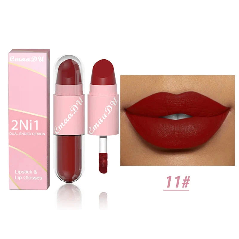18 Colors 2 in 1 Matte Lipstick Liquid Purple Lip Glaze Double Head Lip Makeup Lasting Waterproof Velvet Sexy Dark Red Lipsticks-12
