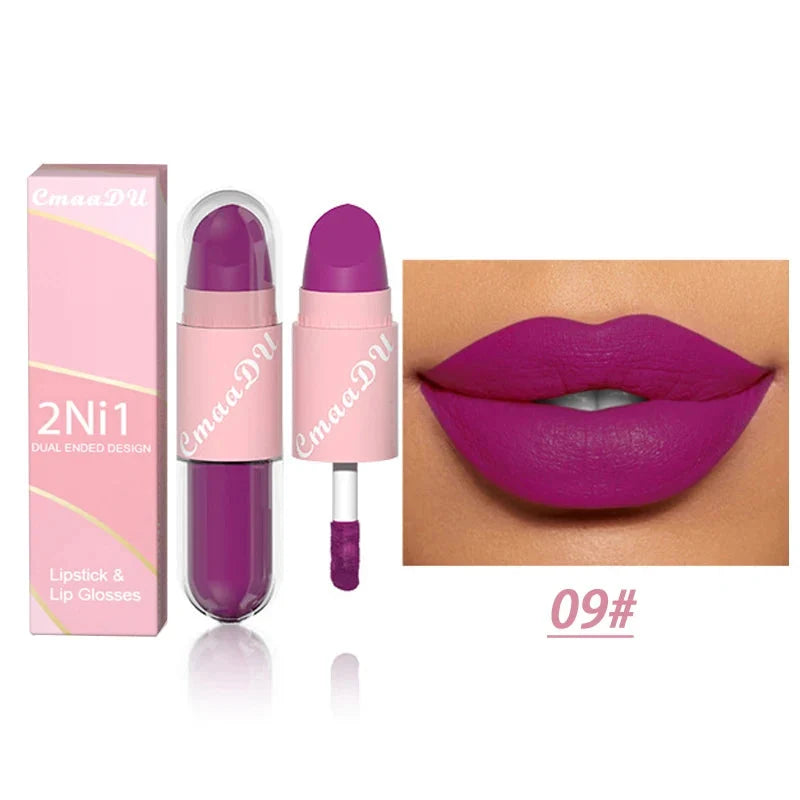 18 Colors 2 in 1 Matte Lipstick Liquid Purple Lip Glaze Double Head Lip Makeup Lasting Waterproof Velvet Sexy Dark Red Lipsticks-14
