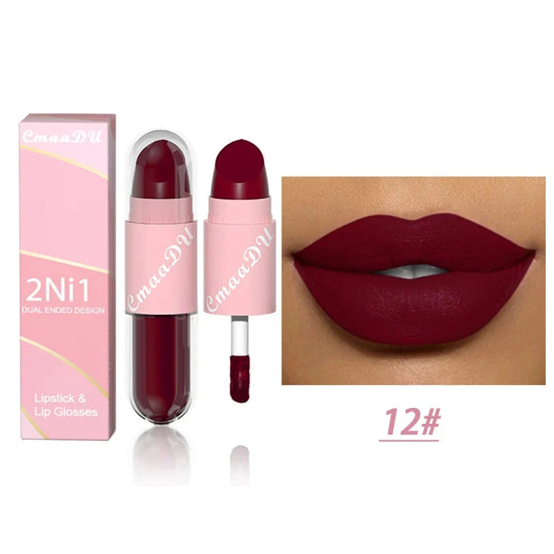 18 Colors 2 in 1 Matte Lipstick Liquid Purple Lip Glaze Double Head Lip Makeup Lasting Waterproof Velvet Sexy Dark Red Lipsticks-11