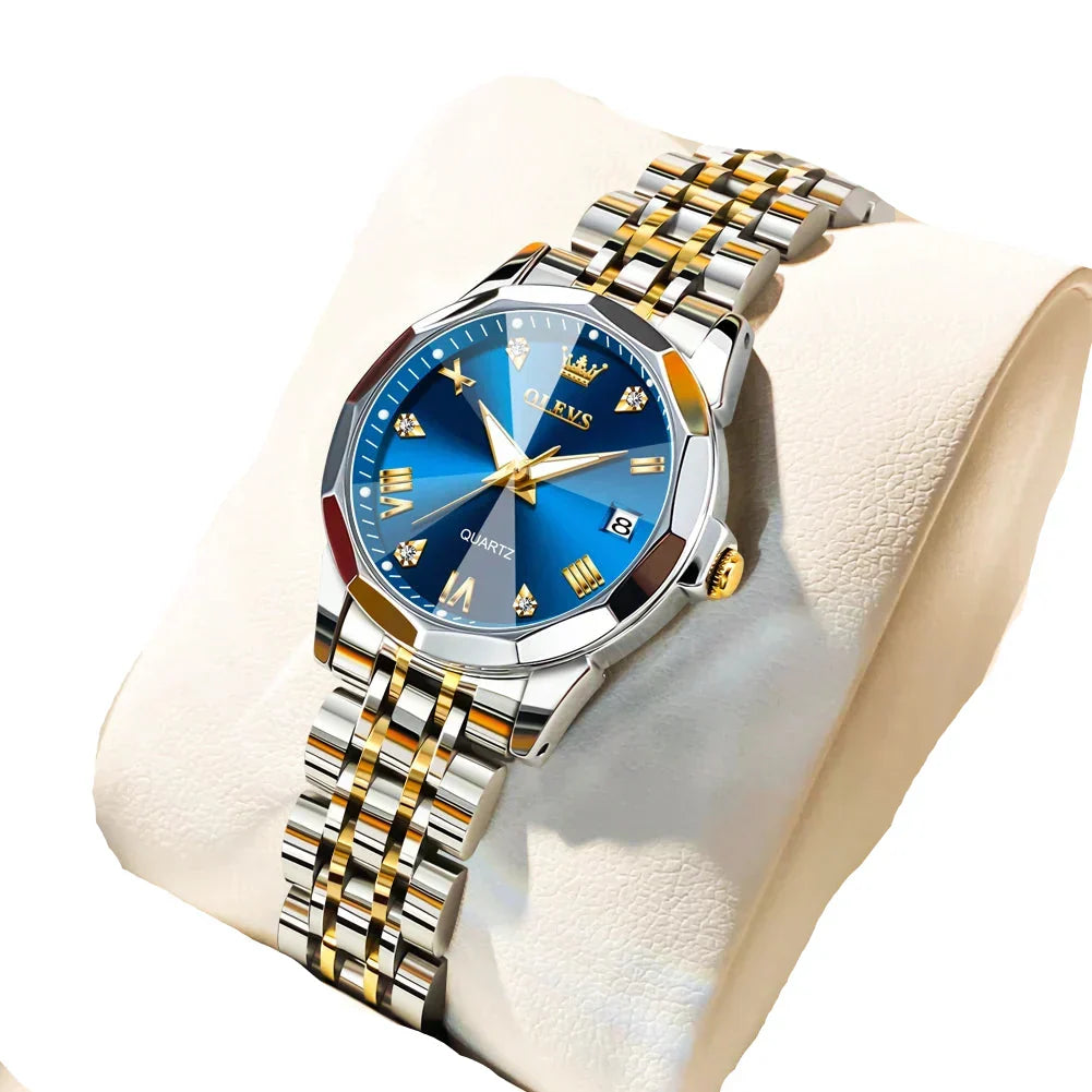 Womens Stainless Steel Quartz Watch Waterproof (Gold Blue)-0