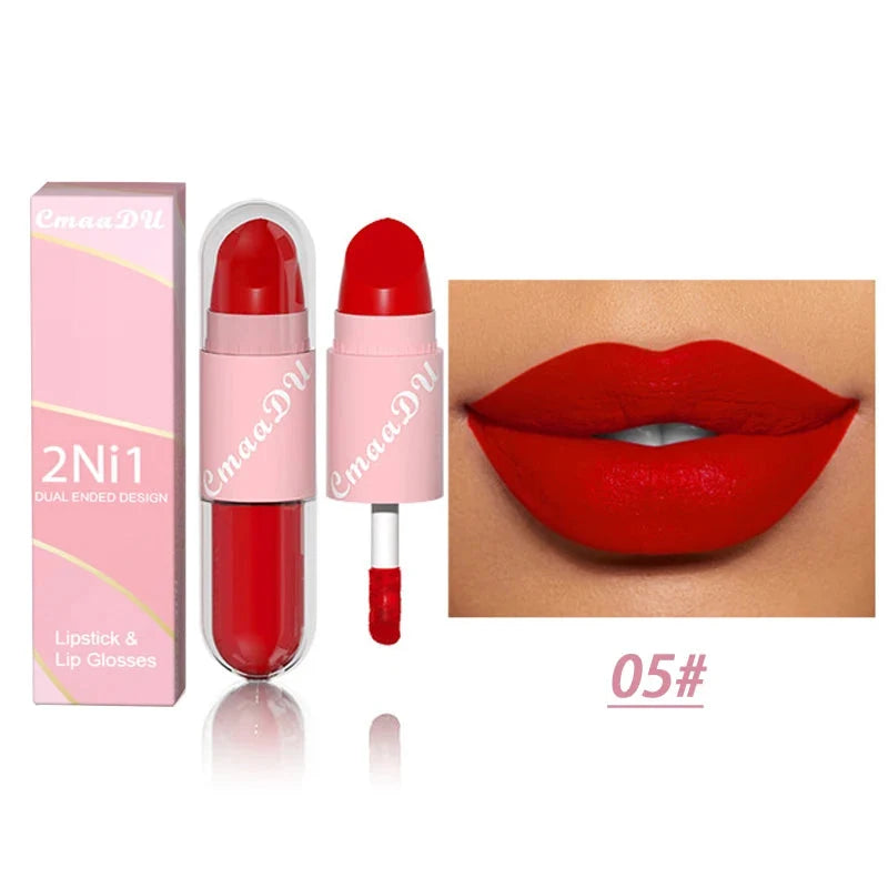 18 Colors 2 in 1 Matte Lipstick Liquid Purple Lip Glaze Double Head Lip Makeup Lasting Waterproof Velvet Sexy Dark Red Lipsticks-18