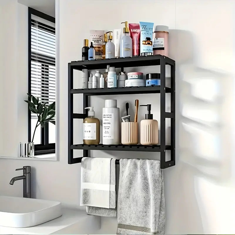 Wall Mounted Storage Rack with Rod - Black-3