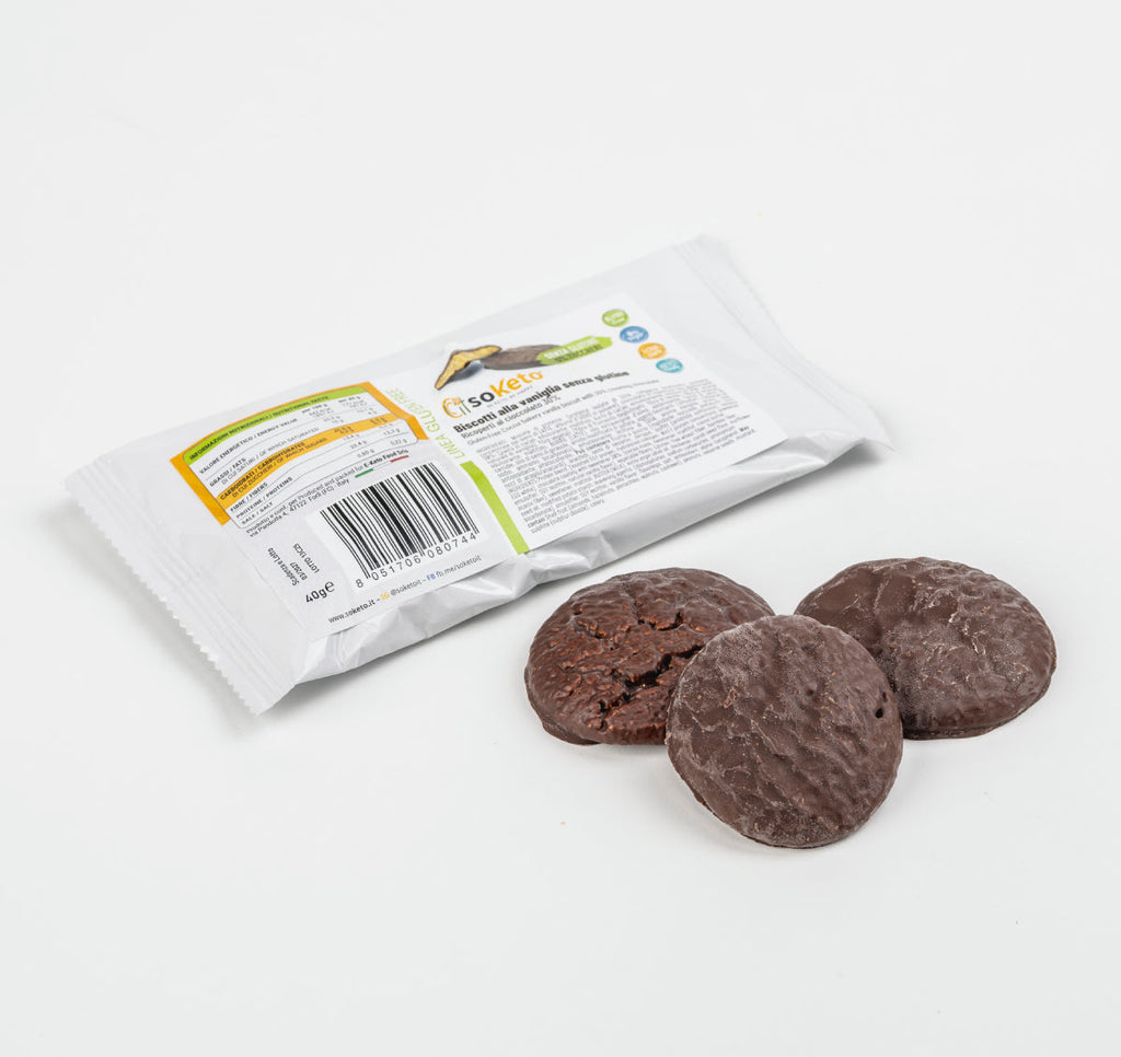 Gluten-free vanilla keto cookies covered in chocolate with 0% sugar