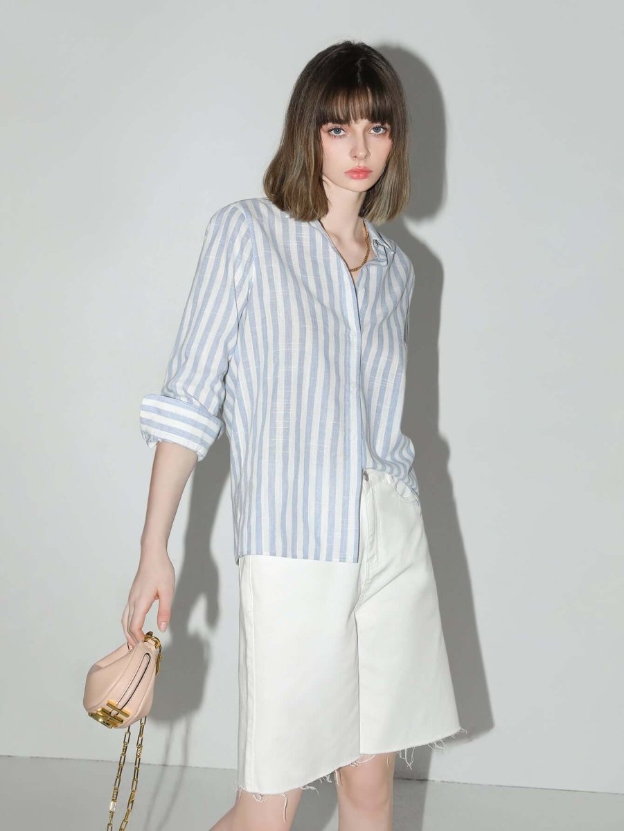 Blue and White Striped Long Sleeve Collared Shirt-1
