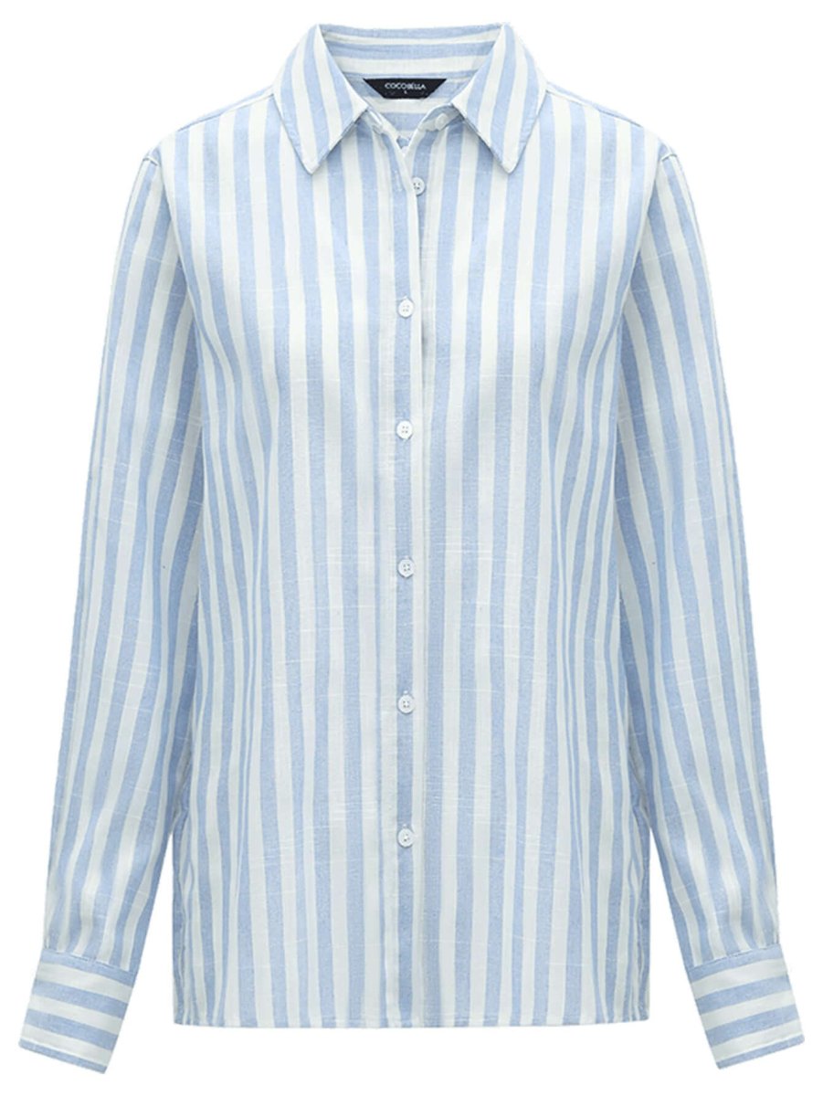 Blue and White Striped Long Sleeve Collared Shirt-3