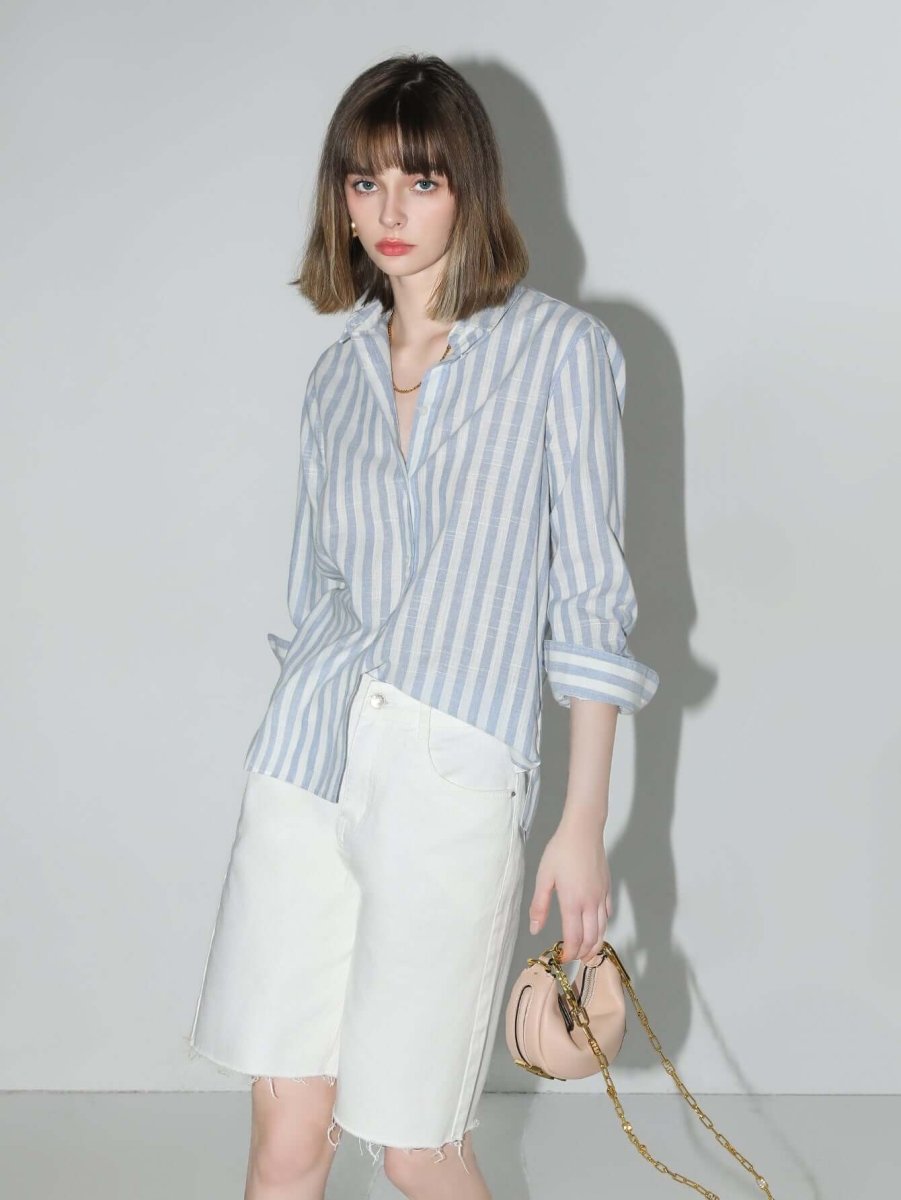 Blue and White Striped Long Sleeve Collared Shirt-2
