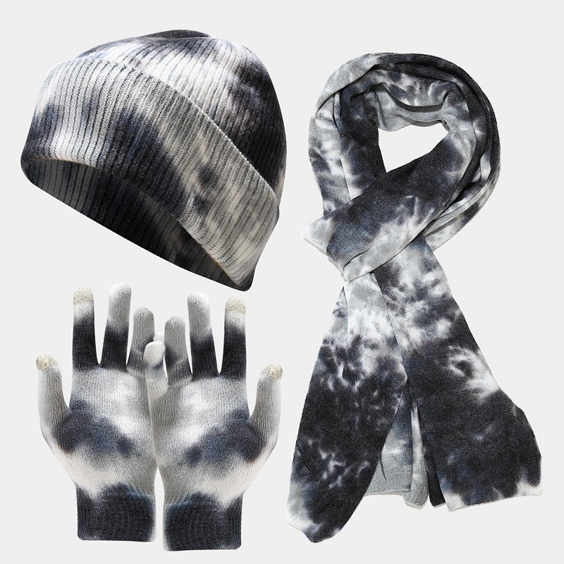 Tie-dye Knitted Hat Gloves Scarf Set Ladies-5