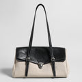 Canvas & Calfskin Leather Flap Tote Bag – Two-Tone Structured Satchel with Push-Lock Closure-0