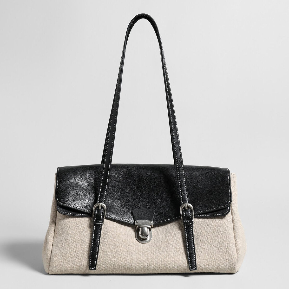 Canvas & Calfskin Leather Flap Tote Bag – Two-Tone Structured Satchel with Push-Lock Closure-0