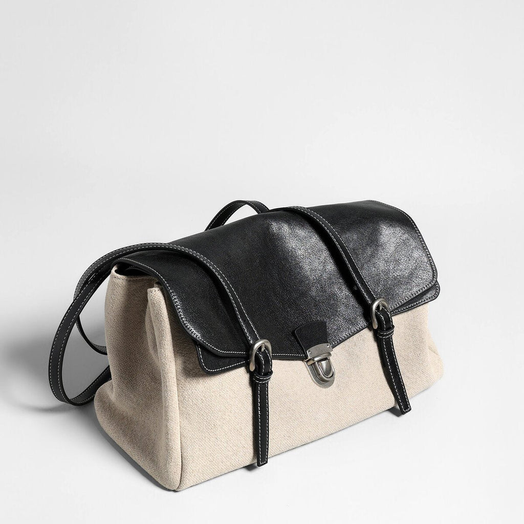 Canvas & Calfskin Leather Flap Tote Bag – Two-Tone Structured Satchel with Push-Lock Closure-1