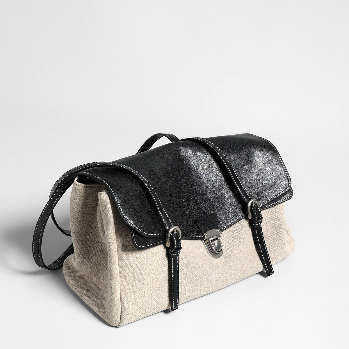 Canvas & Calfskin Leather Flap Tote Bag – Two-Tone Structured Satchel with Push-Lock Closure-1