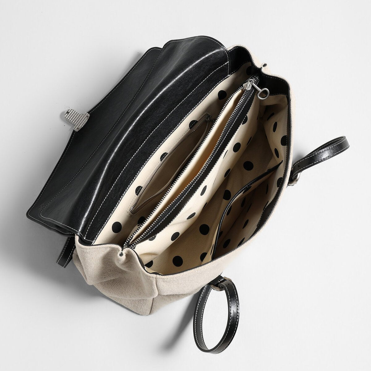 Canvas & Calfskin Leather Flap Tote Bag – Two-Tone Structured Satchel with Push-Lock Closure-2