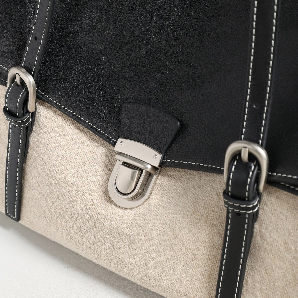 Canvas & Calfskin Leather Flap Tote Bag – Two-Tone Structured Satchel with Push-Lock Closure-3