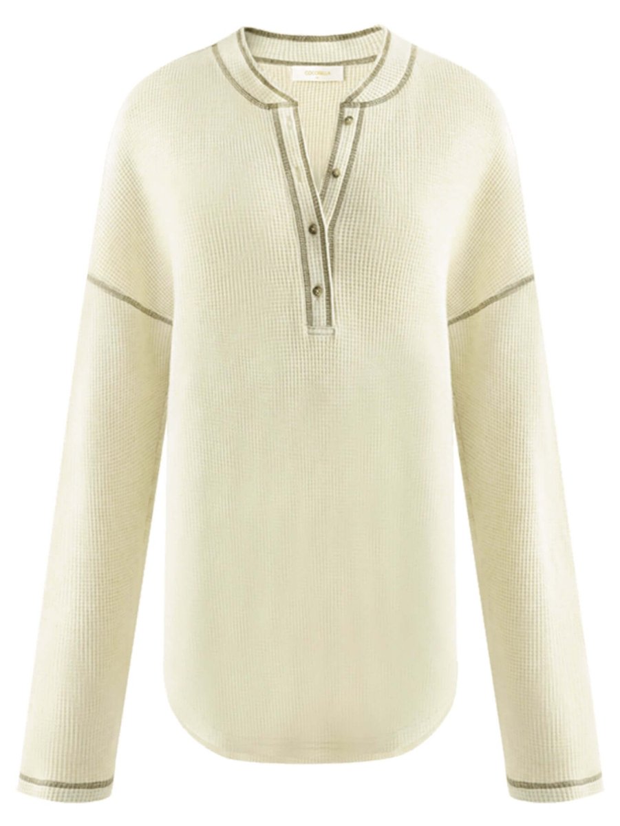 Casual Cream Half-Button Pullover Sweater with Contrast Lined Details-3