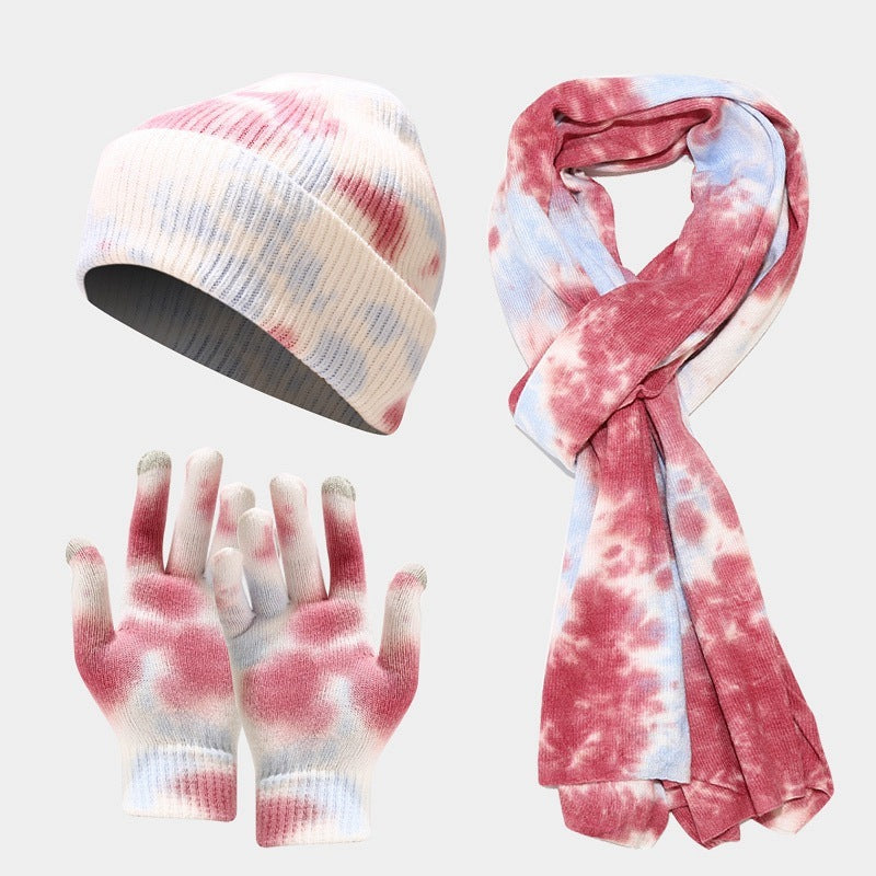 Tie-dye Knitted Hat Gloves Scarf Set Ladies-0