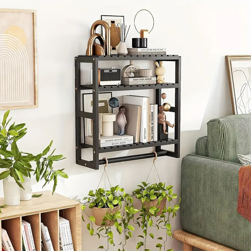 Wall Mounted Storage Rack with Rod - Black-1