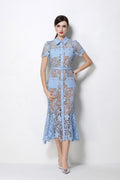 Floral Guipure Lace Point-Collar Mermaid Midi Dress with Crystal Buttons and Belt-0