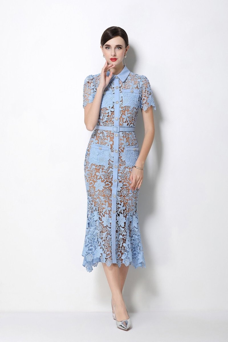 Floral Guipure Lace Point-Collar Mermaid Midi Dress with Crystal Buttons and Belt-1