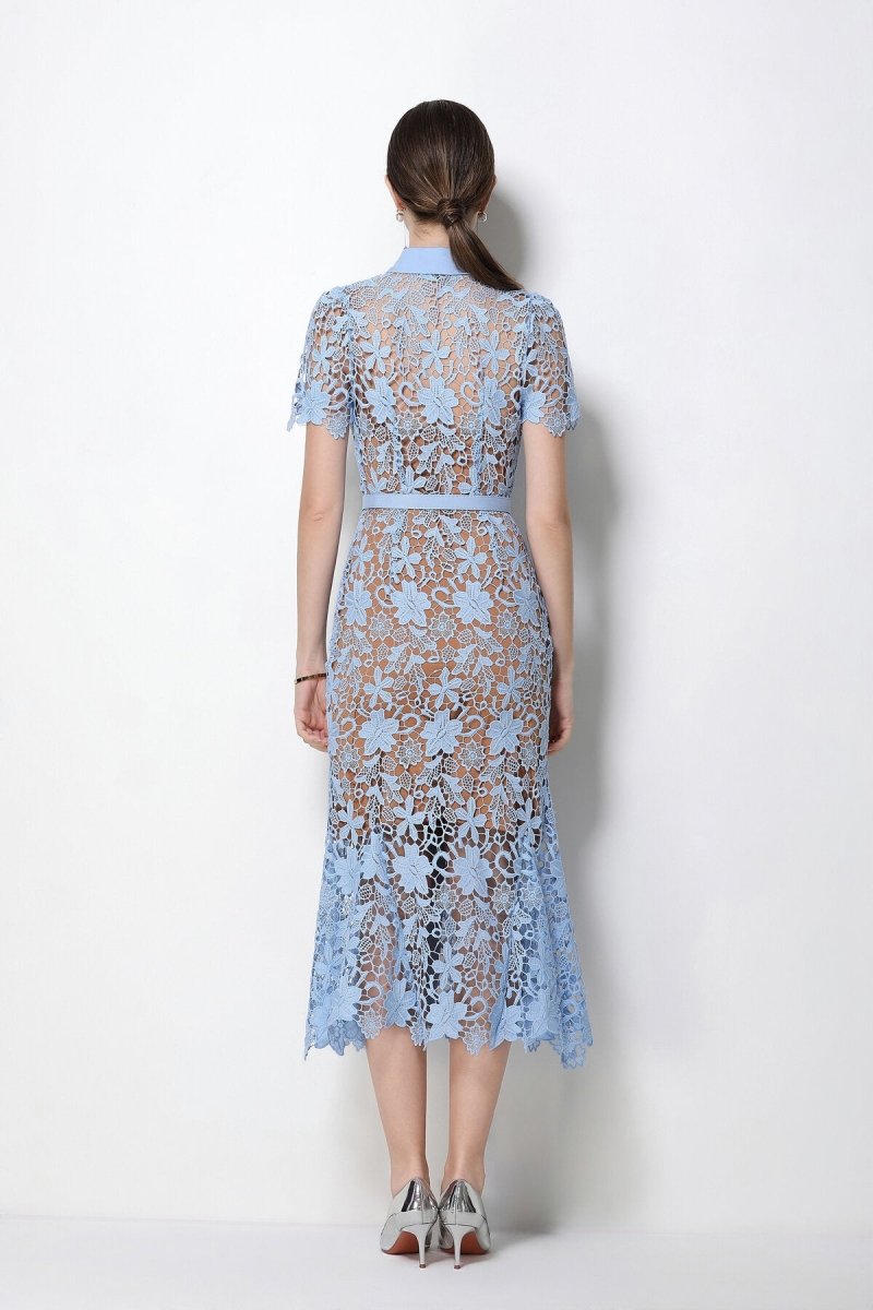 Floral Guipure Lace Point-Collar Mermaid Midi Dress with Crystal Buttons and Belt-3
