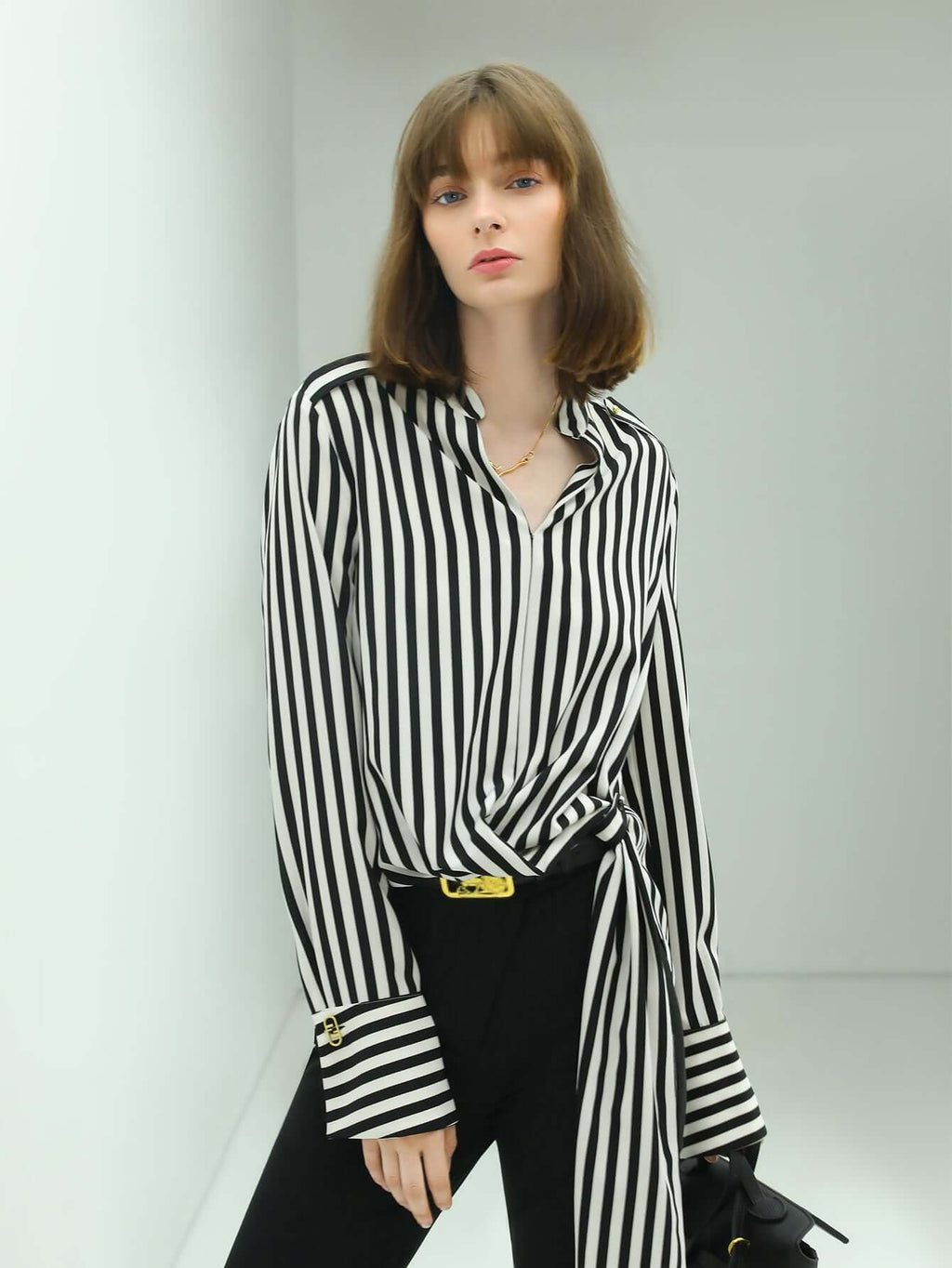 Flowy Vertical Stripe Shirt with a Side Belt-0