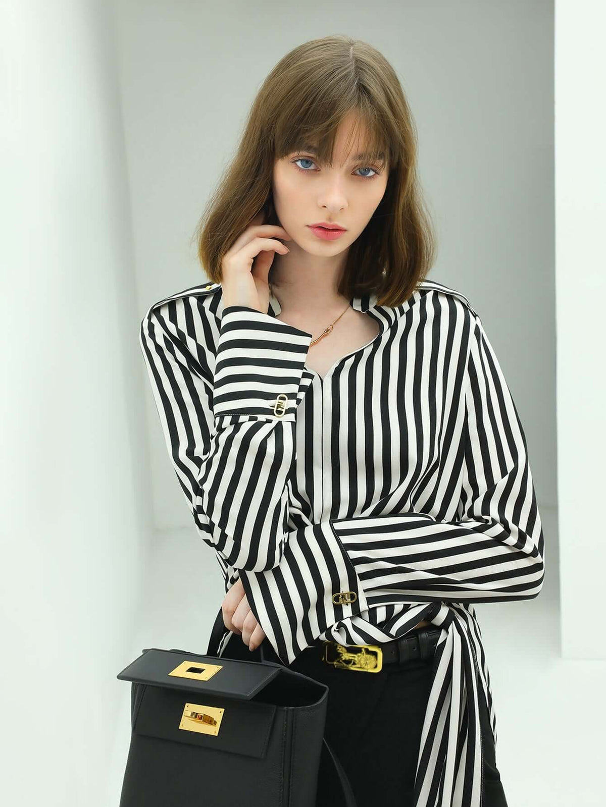 Flowy Vertical Stripe Shirt with a Side Belt-1