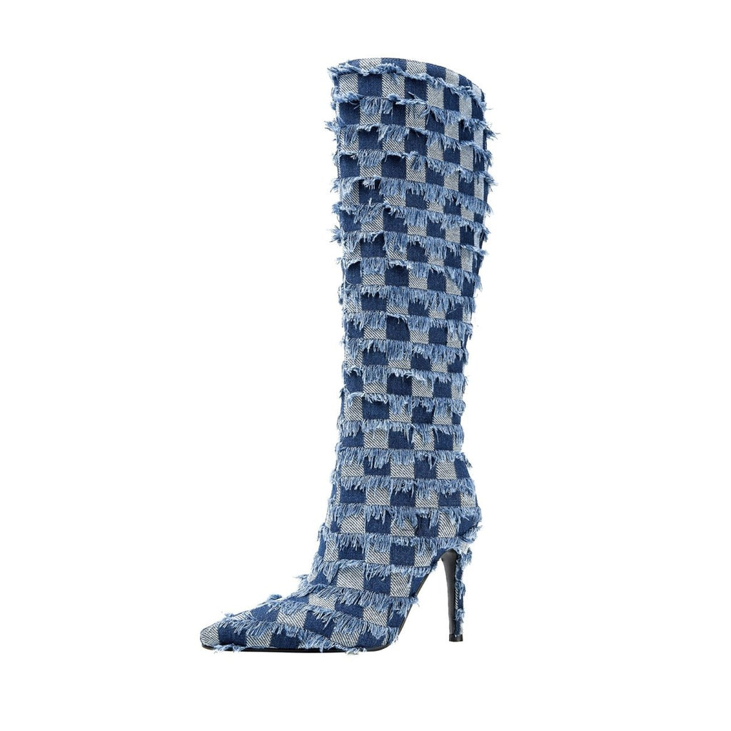 Frayed Checkered Blue Denim Knee High Boots-2