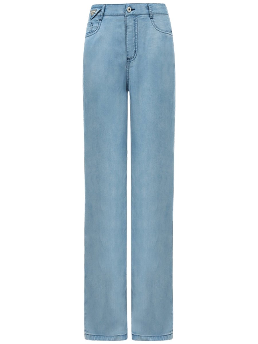 High Waist Draped Straight Leg Blue Jeans-3