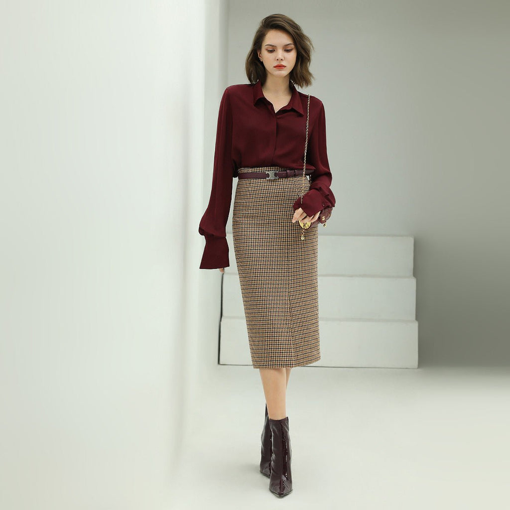 Houndstooth Brown Checkered Wool Skirt-1