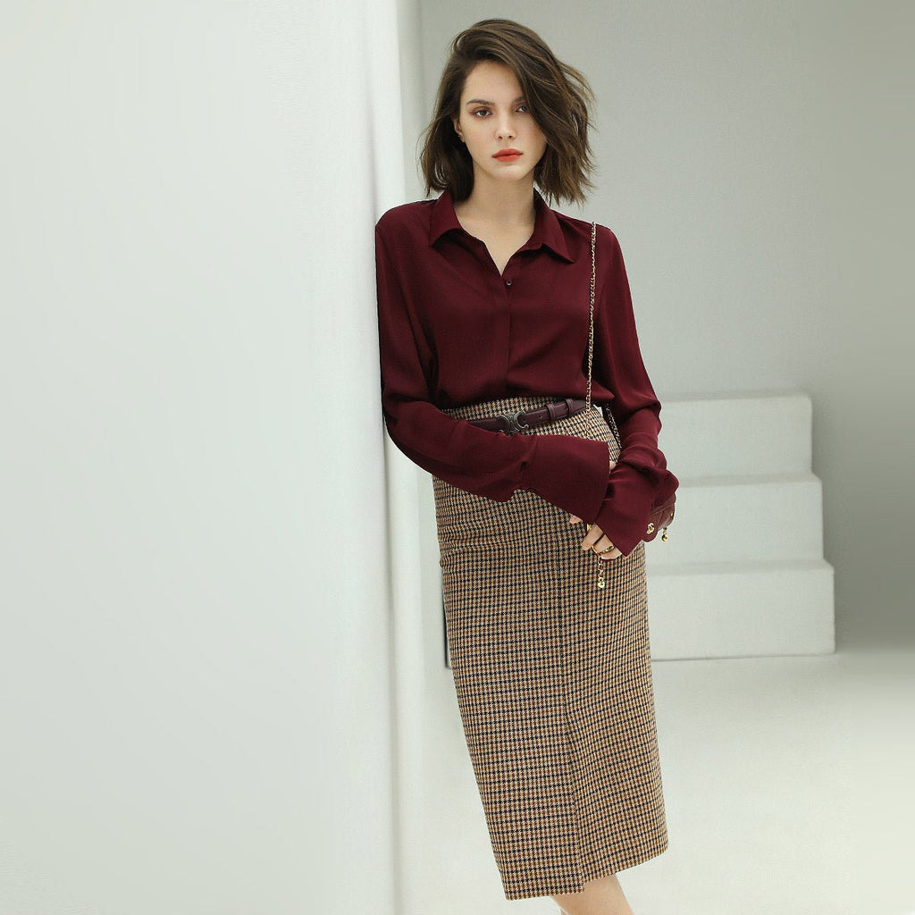 Houndstooth Brown Checkered Wool Skirt-2