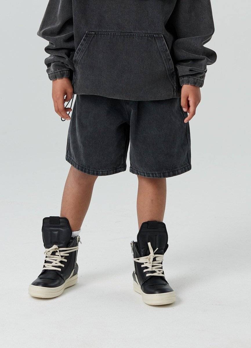 Kids APLUS DMINUS Script Embroidered Washed Denim Shorts – Relaxed Straight-Leg Pull-On Jean Shorts-0