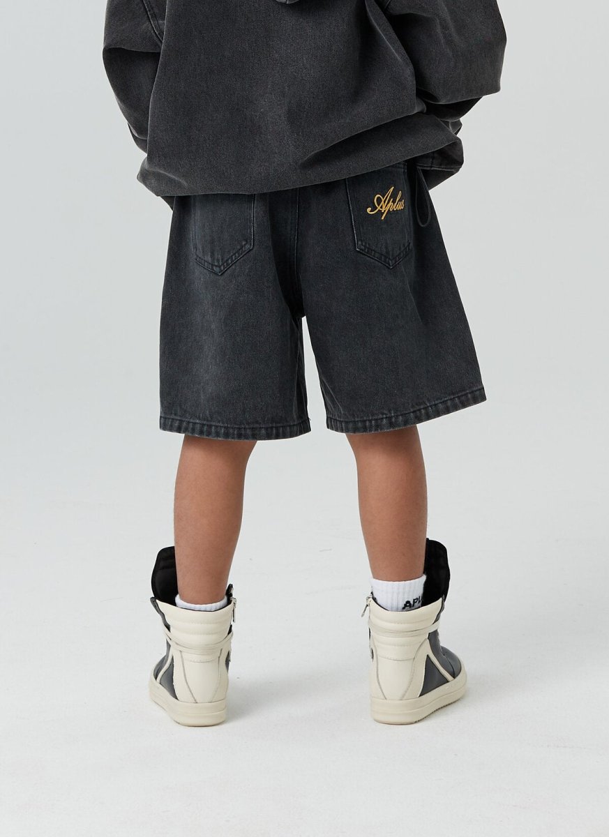 Kids APLUS DMINUS Script Embroidered Washed Denim Shorts – Relaxed Straight-Leg Pull-On Jean Shorts-4