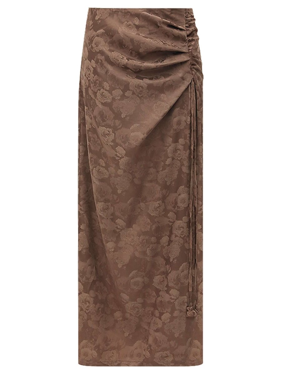 Luxurious Jacquard Draping Brown Silk Satin Skirt-3