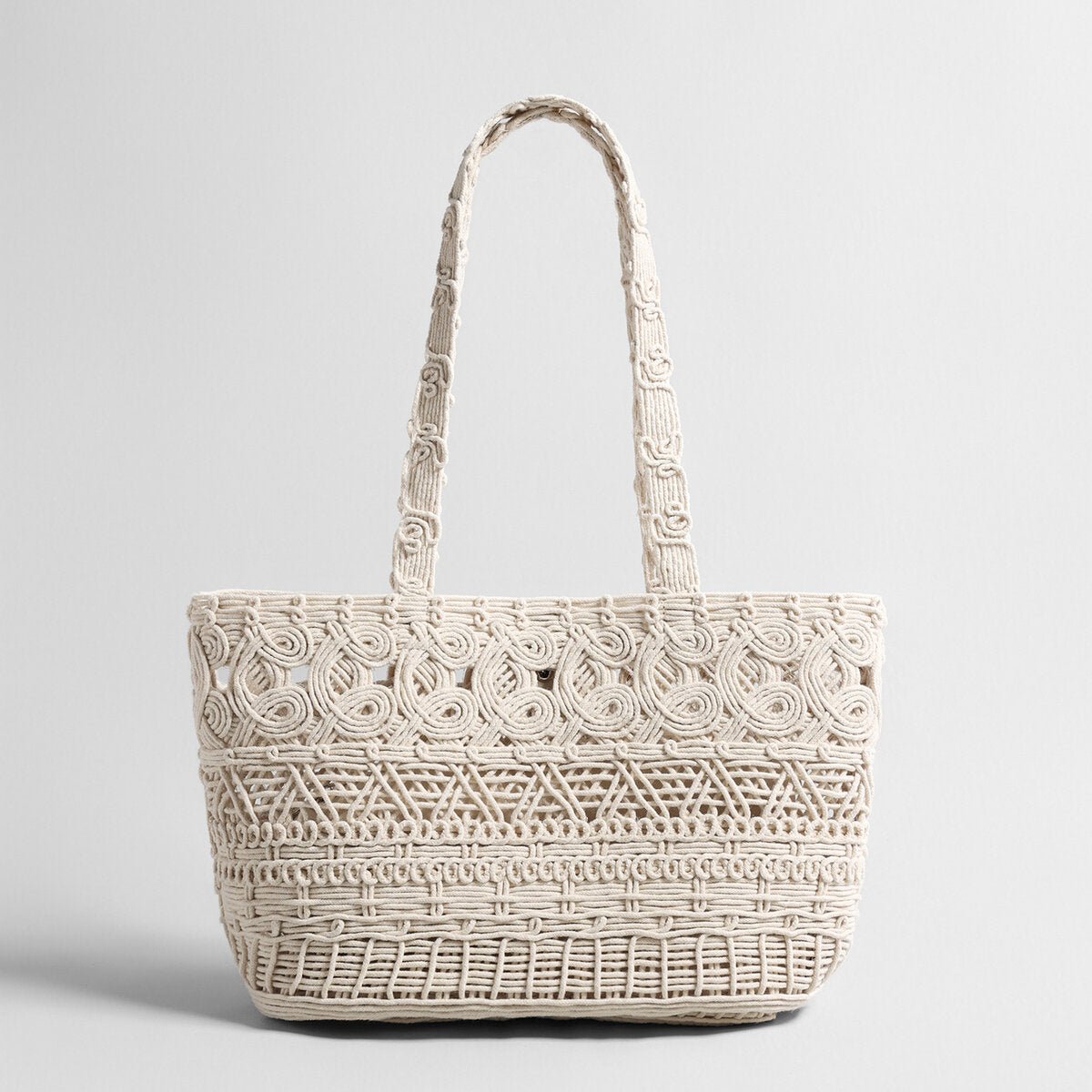 Macramé Woven Tote Bag – Handcrafted Cotton Rope Shoulder Bag with Inner Zipper Pouch-0