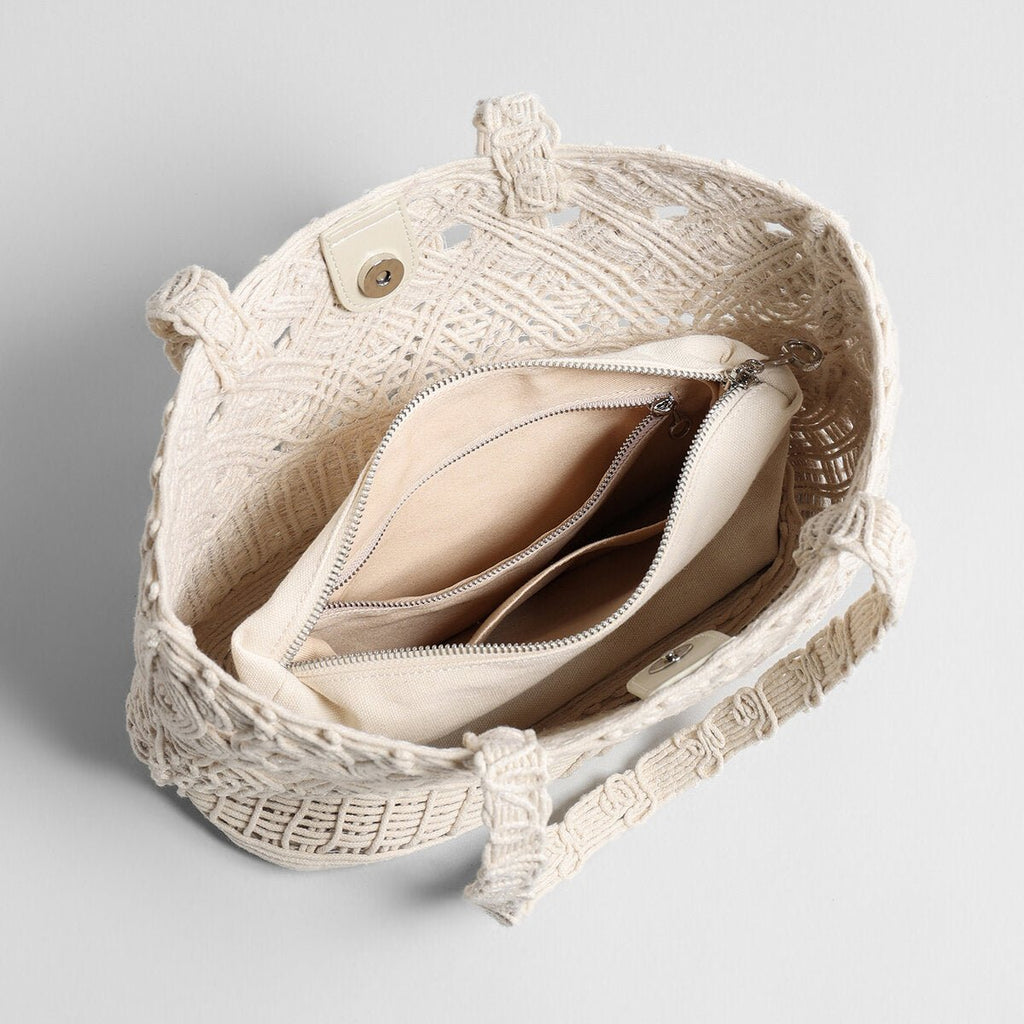 Macramé Woven Tote Bag – Handcrafted Cotton Rope Shoulder Bag with Inner Zipper Pouch-2