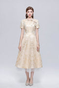 Metallic Jacquard Midi Dress with Pearl Bow Neckline and Tulle Hem-0