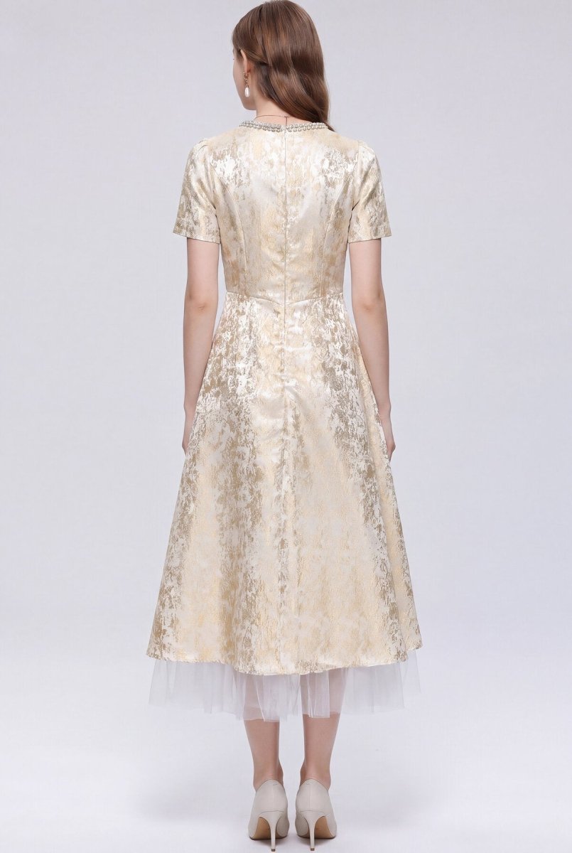 Metallic Jacquard Midi Dress with Pearl Bow Neckline and Tulle Hem-2