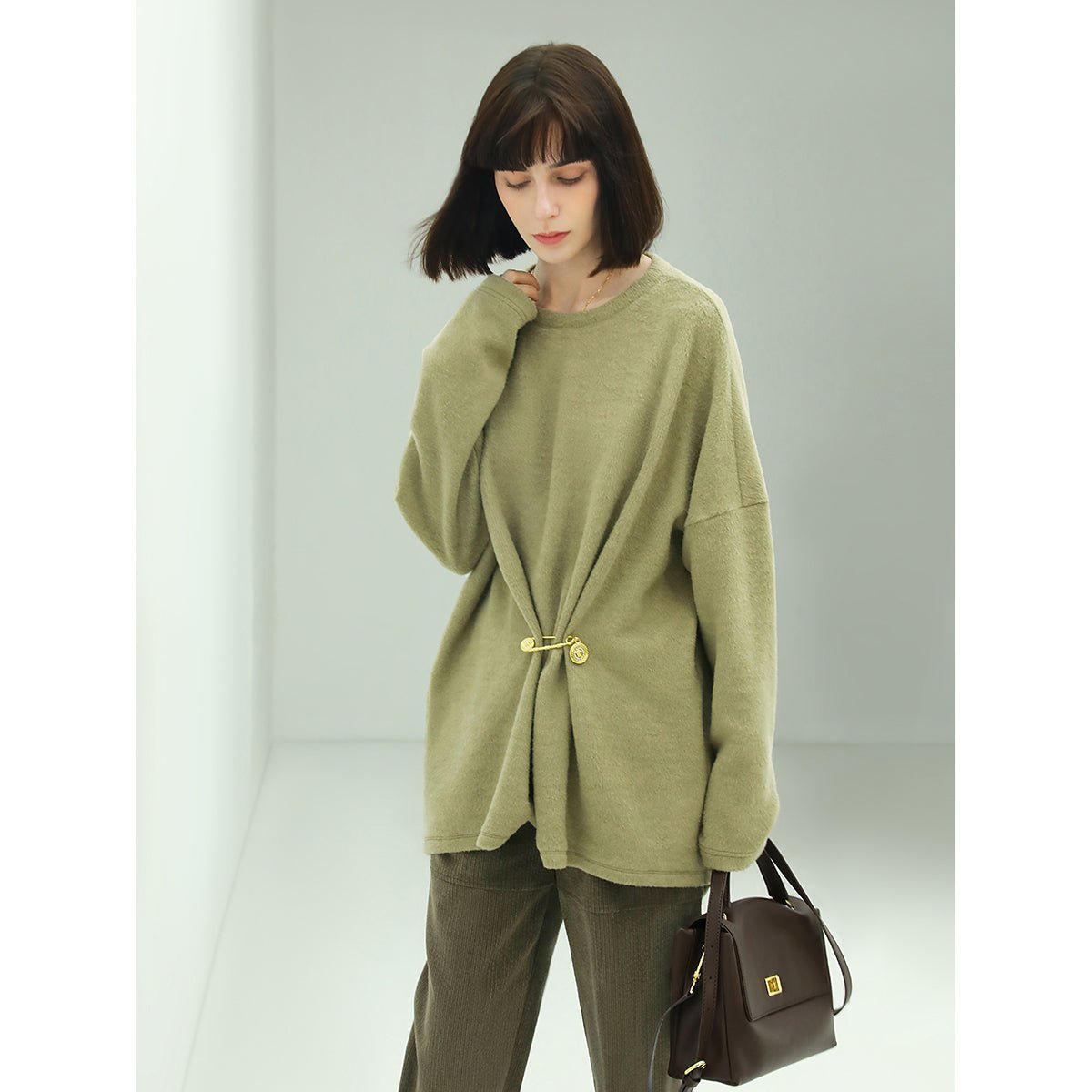 Oversized Green Fleece Knit with a Stylish Cinched Brooch Pin-0