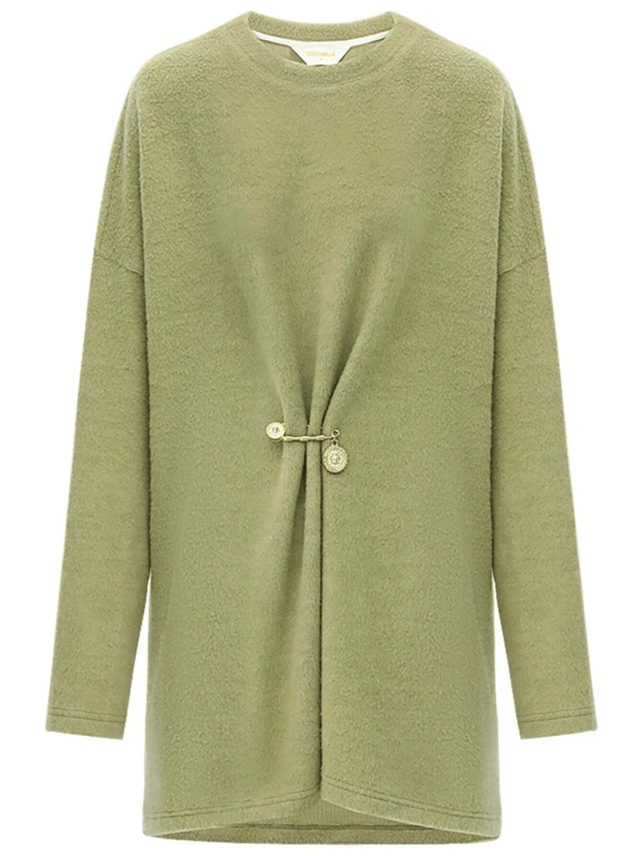 Oversized Green Fleece Knit with a Stylish Cinched Brooch Pin-3
