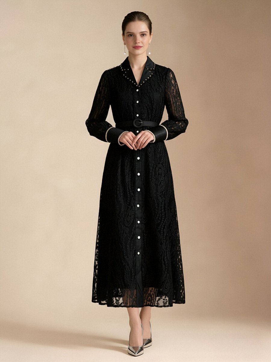Pearl Trim Lace Shirt Maxi Dress-0