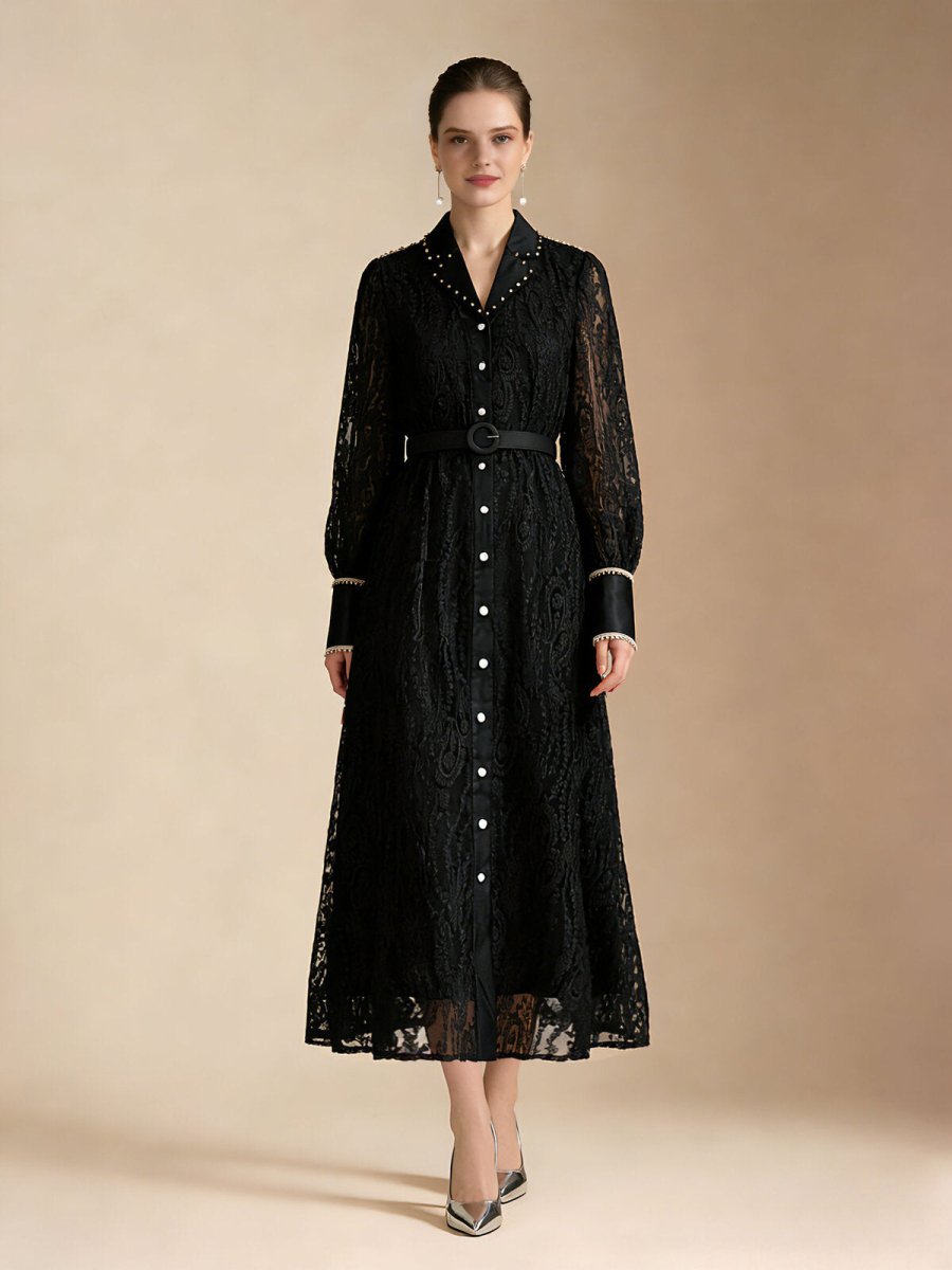 Pearl Trim Lace Shirt Maxi Dress-1