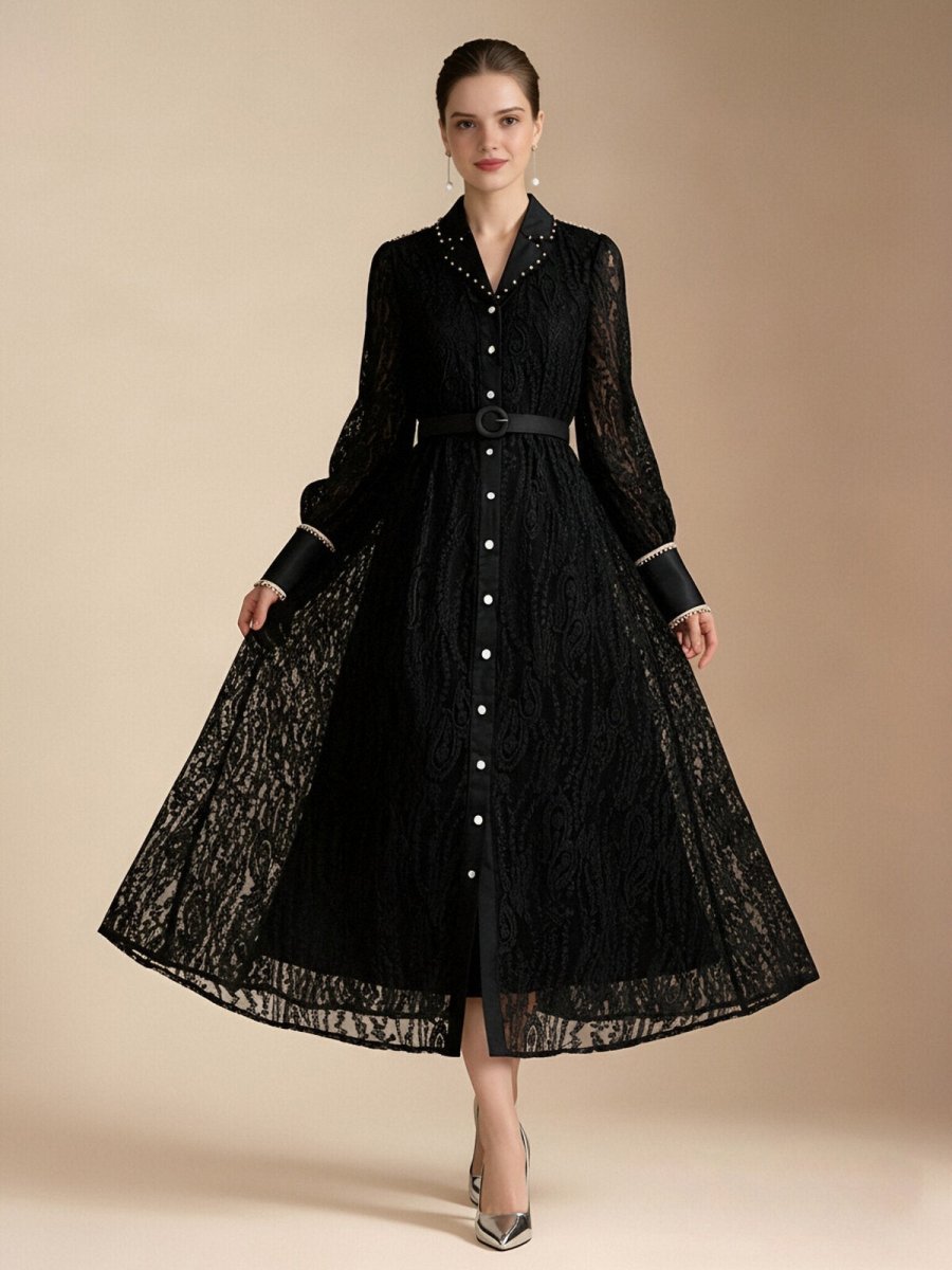 Pearl Trim Lace Shirt Maxi Dress-2