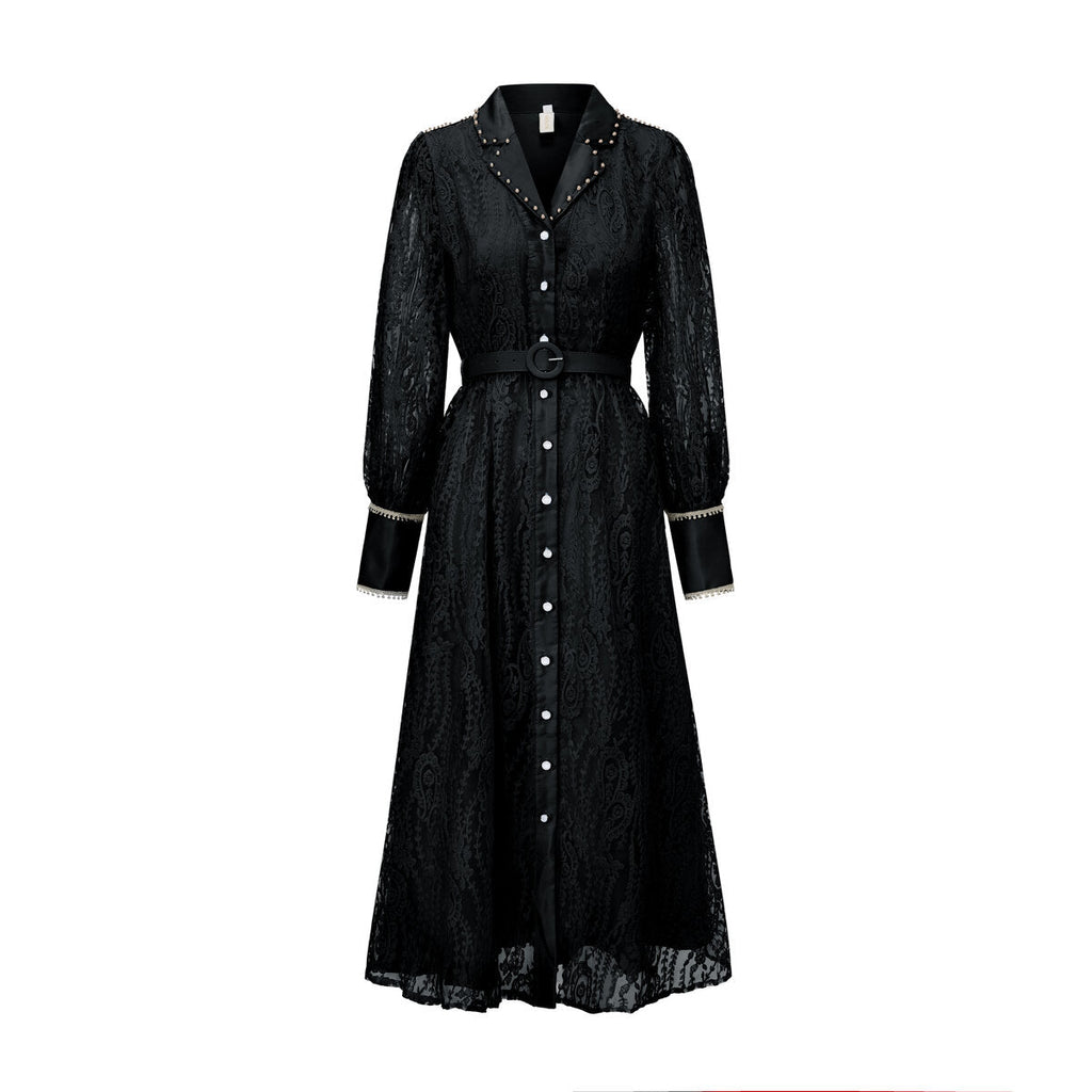 Pearl Trim Lace Shirt Maxi Dress-3