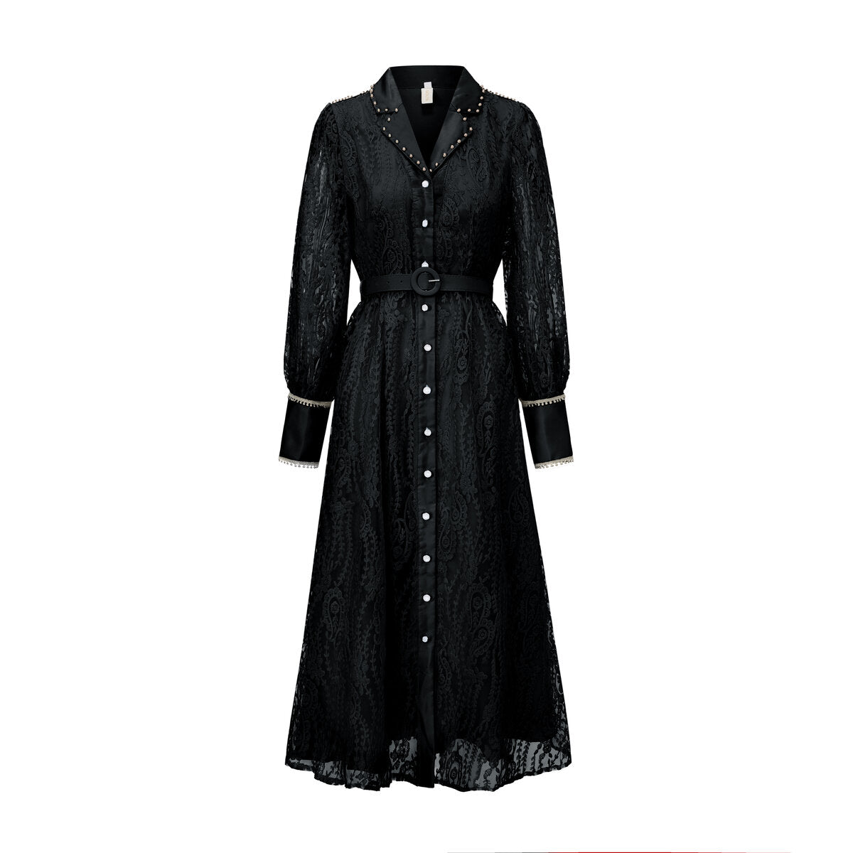 Pearl Trim Lace Shirt Maxi Dress-3
