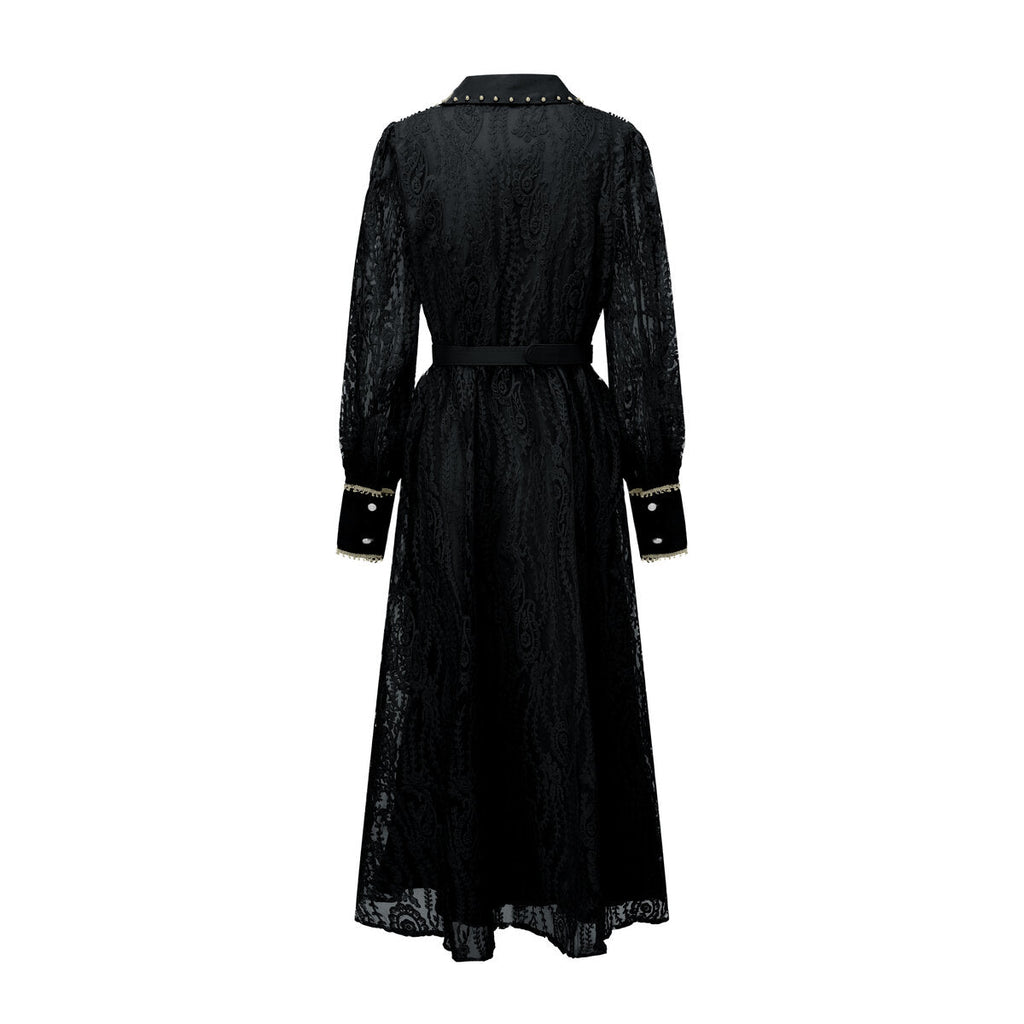 Pearl Trim Lace Shirt Maxi Dress-4