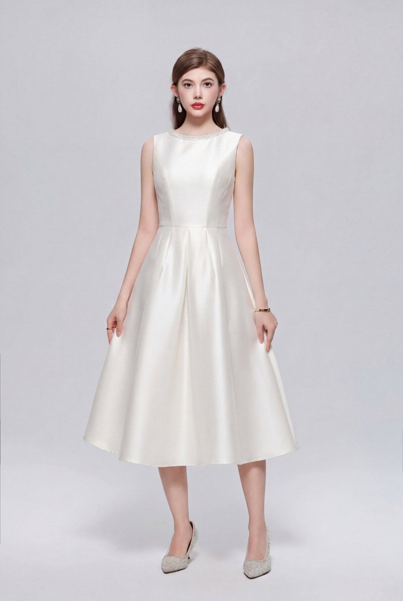 Pearl-Trimmed Sleeveless Fit-and-Flare Midi Dress-0