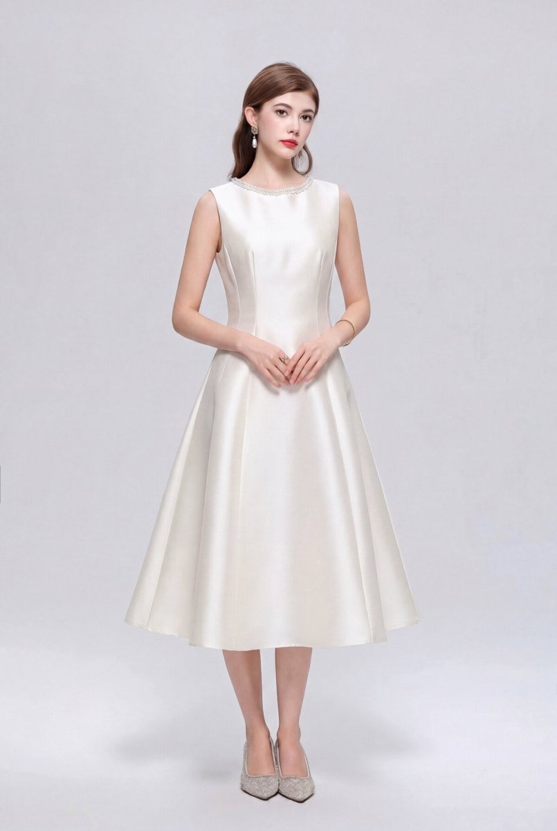 Pearl-Trimmed Sleeveless Fit-and-Flare Midi Dress-1